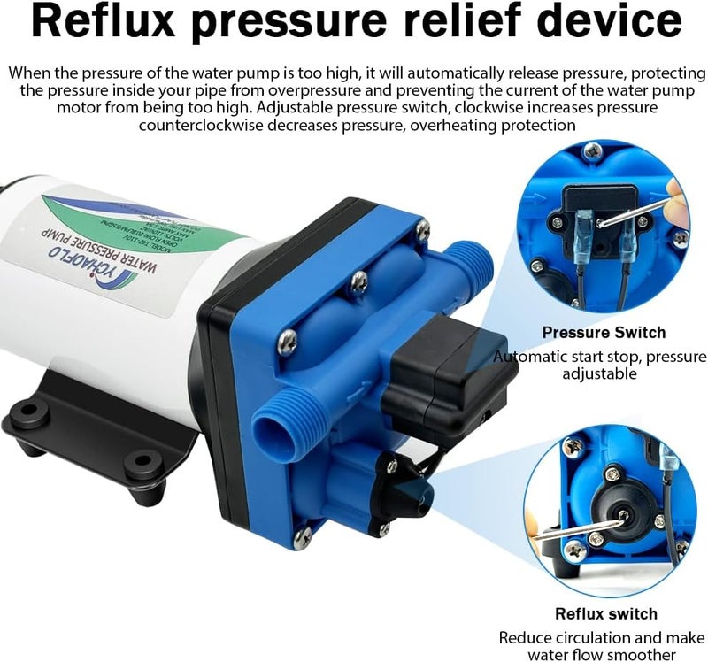 YCHAOFLO 110V AC electric high-pressure self-priming diaphragm pump, Equipped with pressure switch，5.5GPM, 70Psi, for RV Marine Yacht Lawn Garden - Image 4